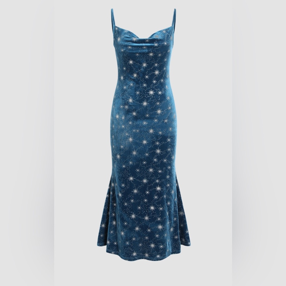 VELVET COWL NECK STAR PATTERN MERMAID MAXI DRESS